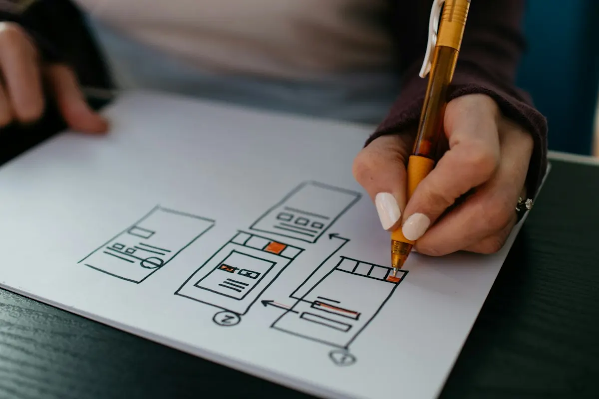 Designer sketching wireframes for a mobile app interface