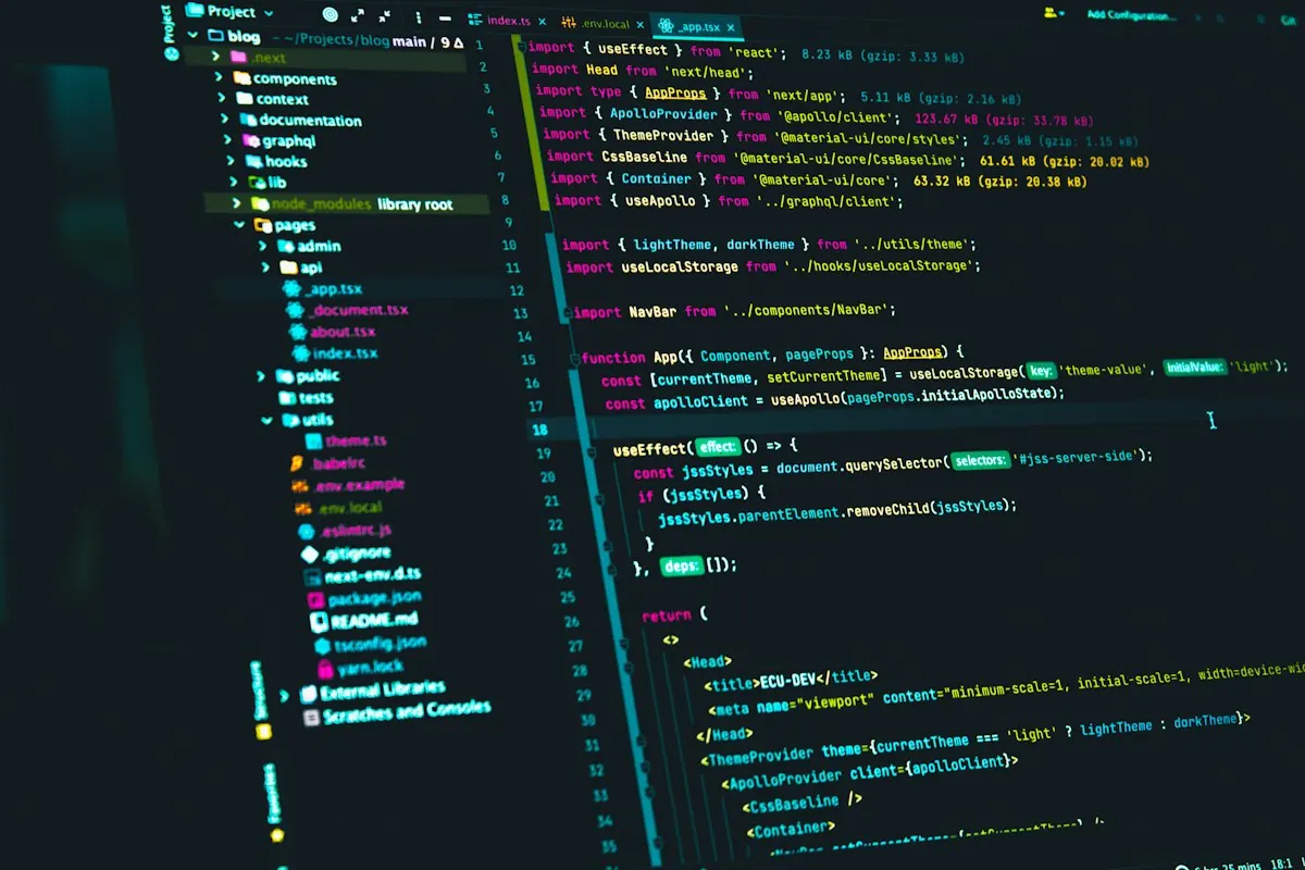Laptop showing website code on a developer's desk
